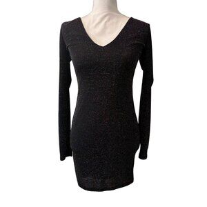Forever 21 Black Glitter Bodycon Dress V-Neck Party Clubwear Mini Dress Size S